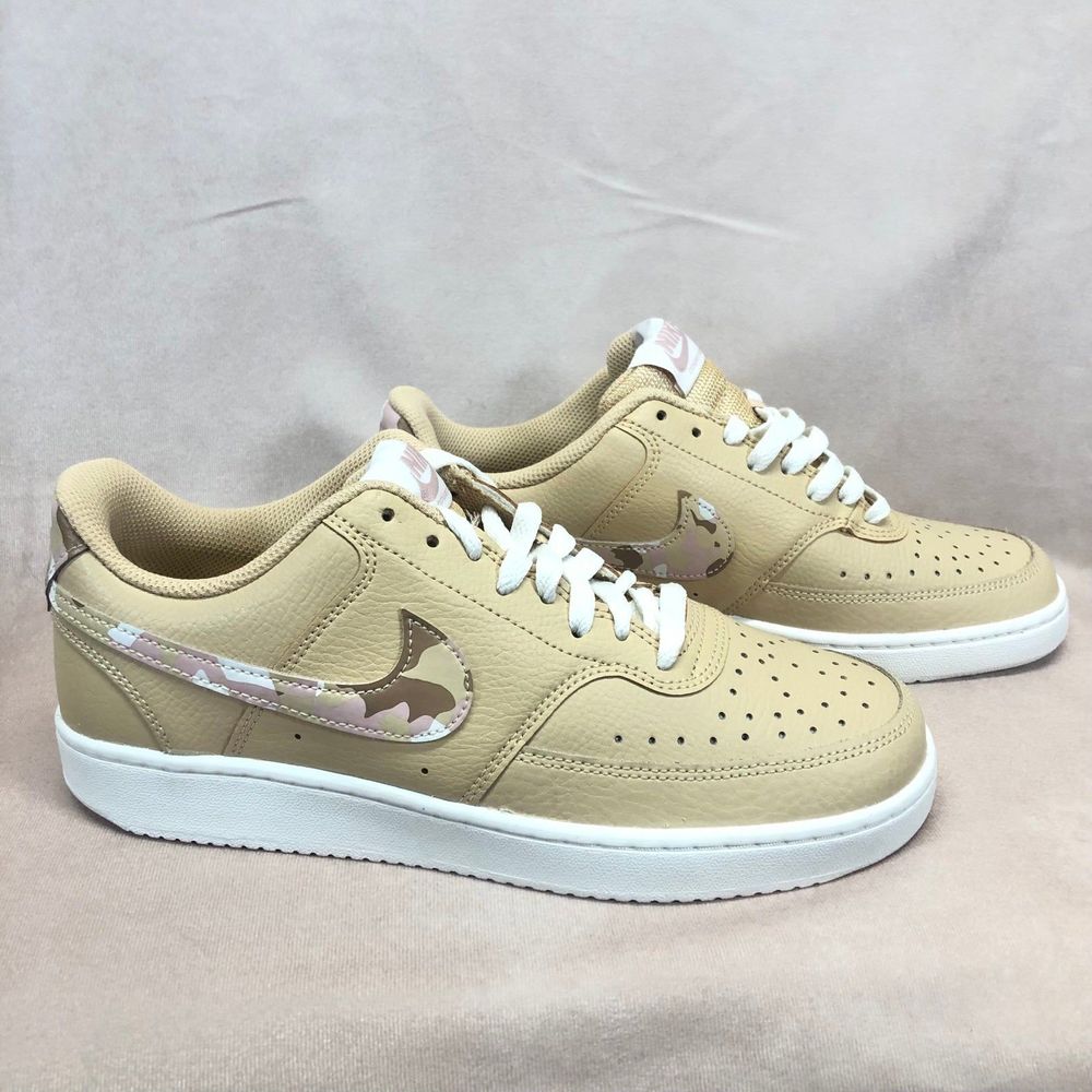 Nike Court Vision Low Women's Sesame Camo Swoosh Sneakers in White Size 9